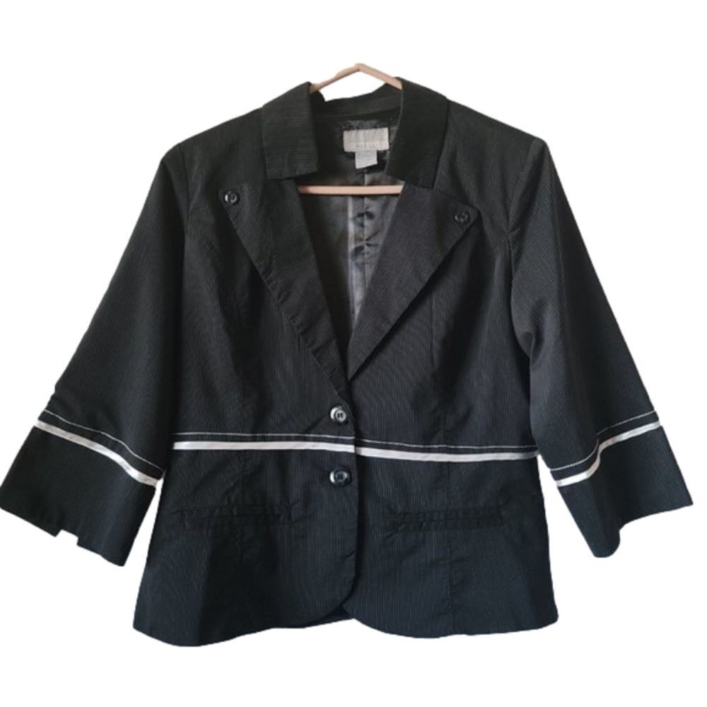 Miss Lili Blazer Black pinstripe satin gray stripe lined Large Retro women's Y2k